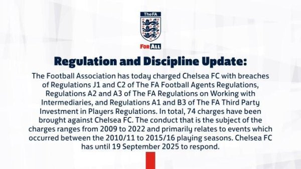 官方：英足总对切尔西拿起74项指控，波及后者09-22年间步履