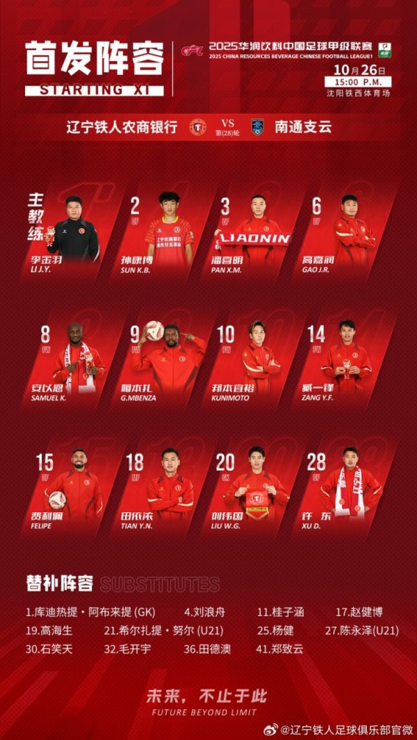 辽宁铁东谈主vs南通支云首发：姆本扎、国本宜裕领衔，陈彬彬先发出战