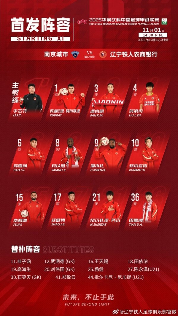 中甲第29轮，南京城市vs辽宁铁东说念主首发名单！