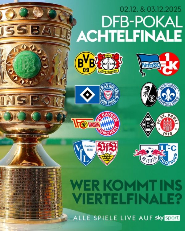 德国杯1/8决赛对阵：多特vs勒沃库森，柏林齐集vs拜仁