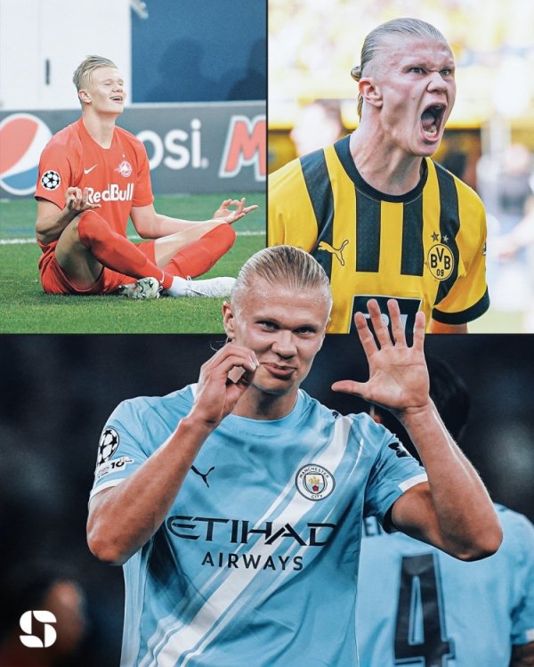 哈兰德在三家不同俱乐部相接5场欧冠比赛进球，历史首东说念主