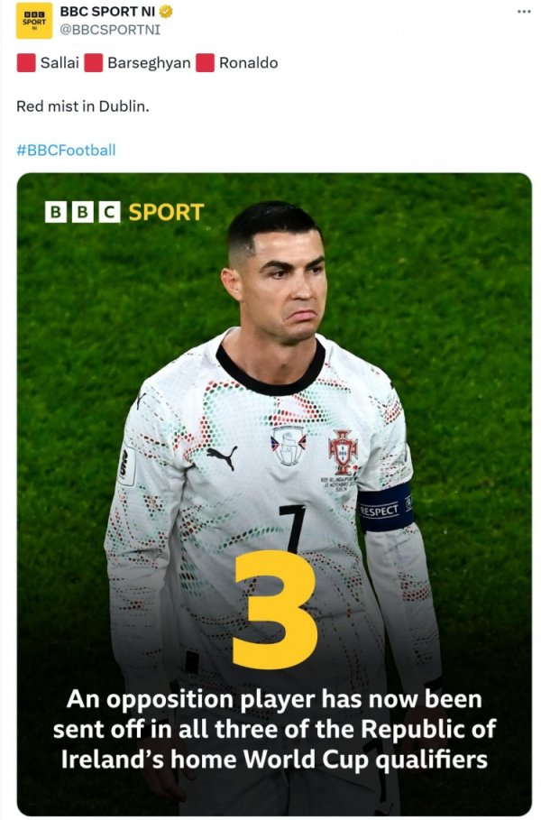 爱尔兰本届世初赛三个主场齐有对方球员拿红牌，C罗是其中第三东说念主