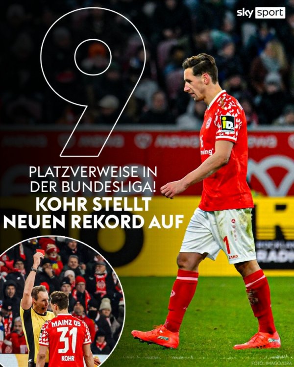 好意思因茨后卫科尔德甲第9次被出示红牌，成为德甲历史染红最多球员