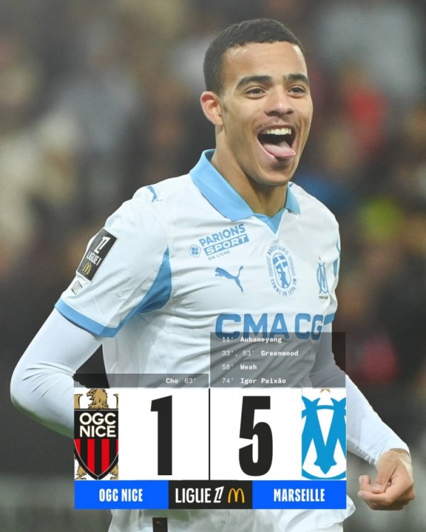 马赛5-1大捷尼斯暂时登顶法甲，格林伍德双响、奥巴梅扬1射2传