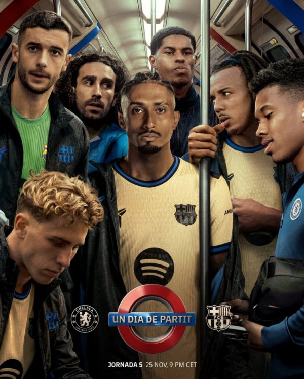 巴萨客战切尔西海报：两队球员乘坐伦敦地铁，拉什福德、库库出镜